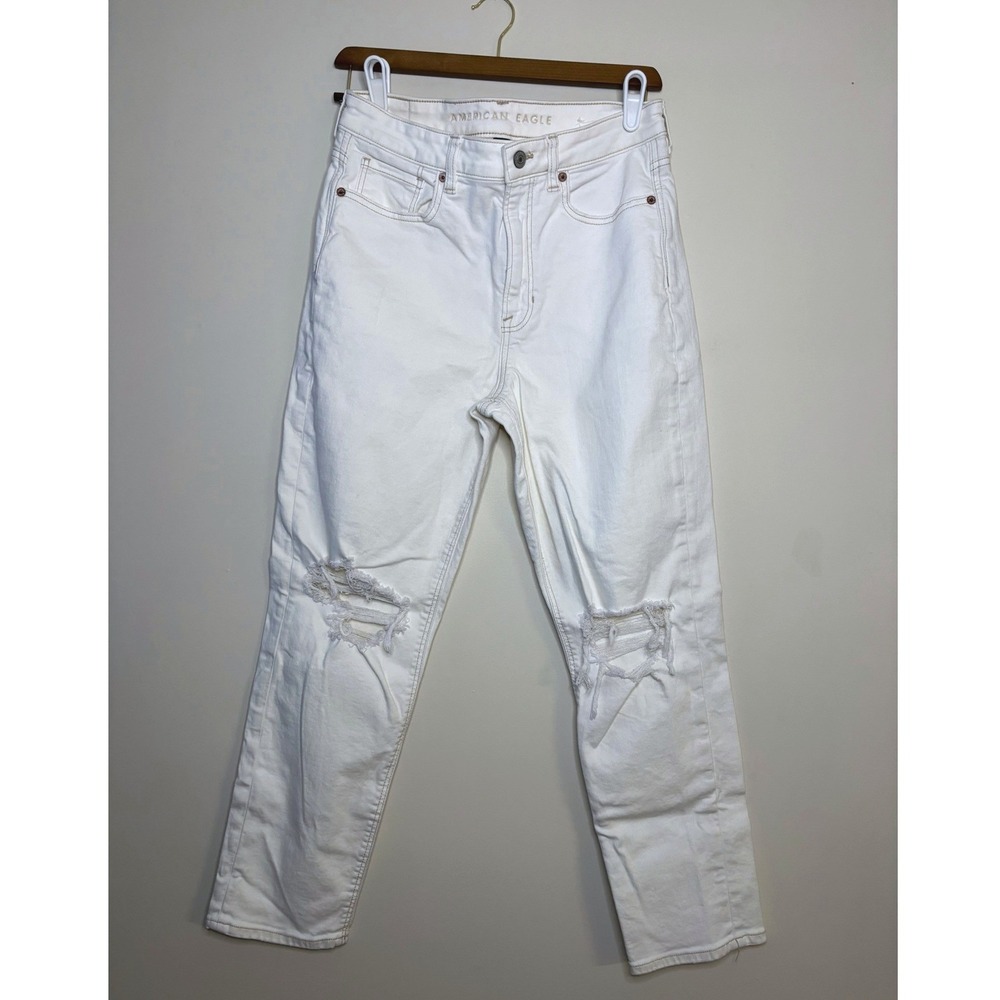American Eagle Cream‎ Distressed Stretch High Waisted Mom Jeans Womens 6 Neutral